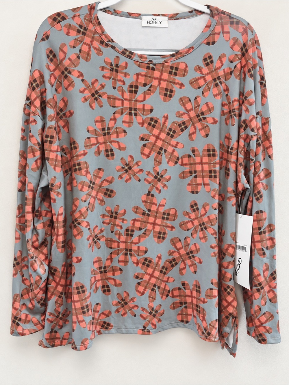 Hopely Coral Plaid Floral-Print Long Sleeve Tee